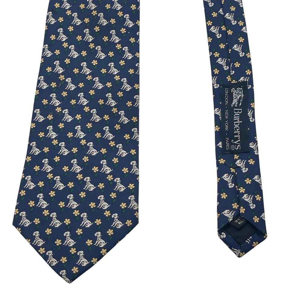 Burberrys Tie Silk Dalmatian Dog Print Navy Blue Necktie Made‎ in USA London - Picture 2 of 5